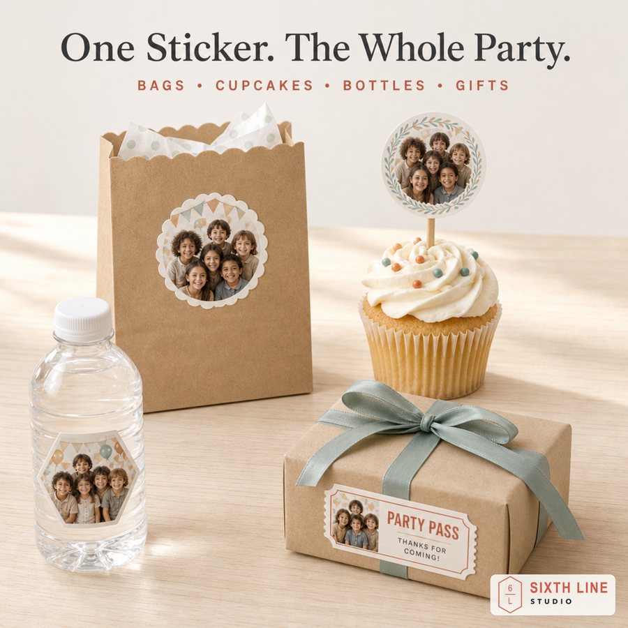 Birthday photo stickers on a treat bag, cupcake, bottle and gift
