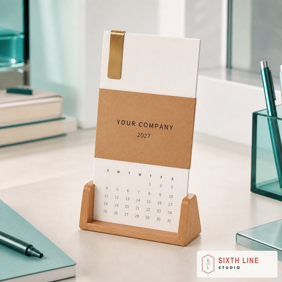 2027 custom desk calendar with a wooden base and branded kraft band