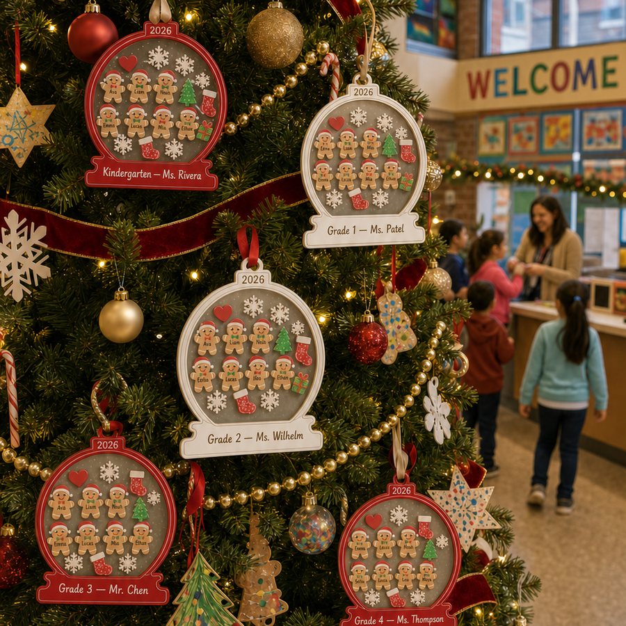 Classroom Christmas ornaments hanging on a school tree