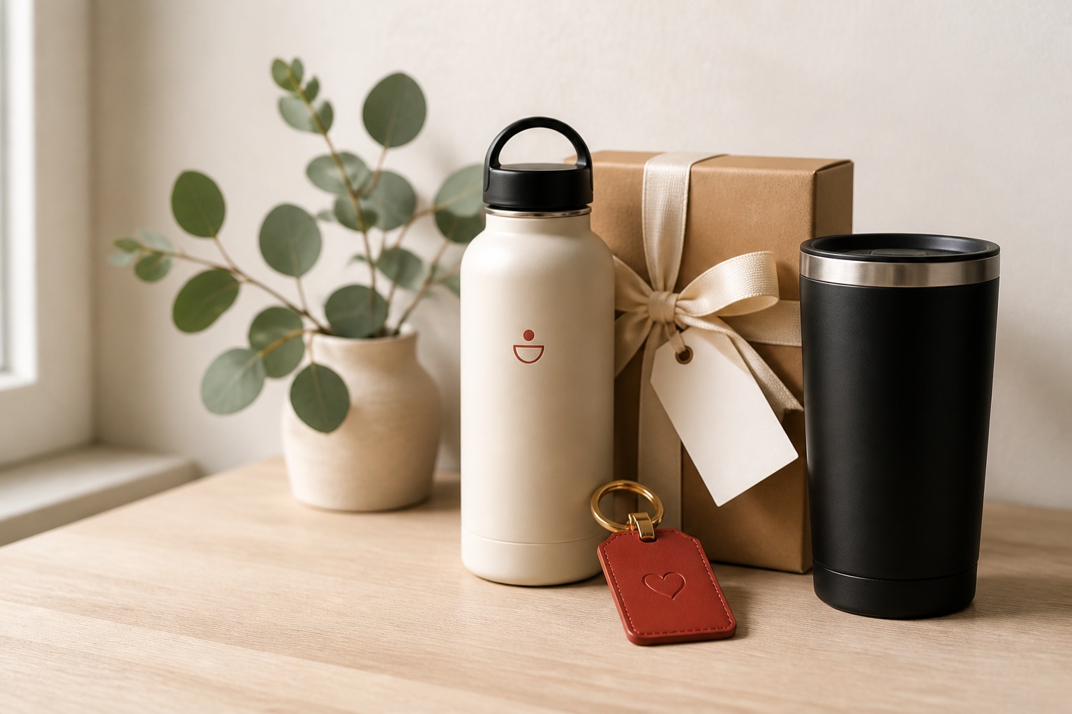 A warm arrangement of an insulated bottle, gift box, key tag, and travel tumbler on a pale wood table