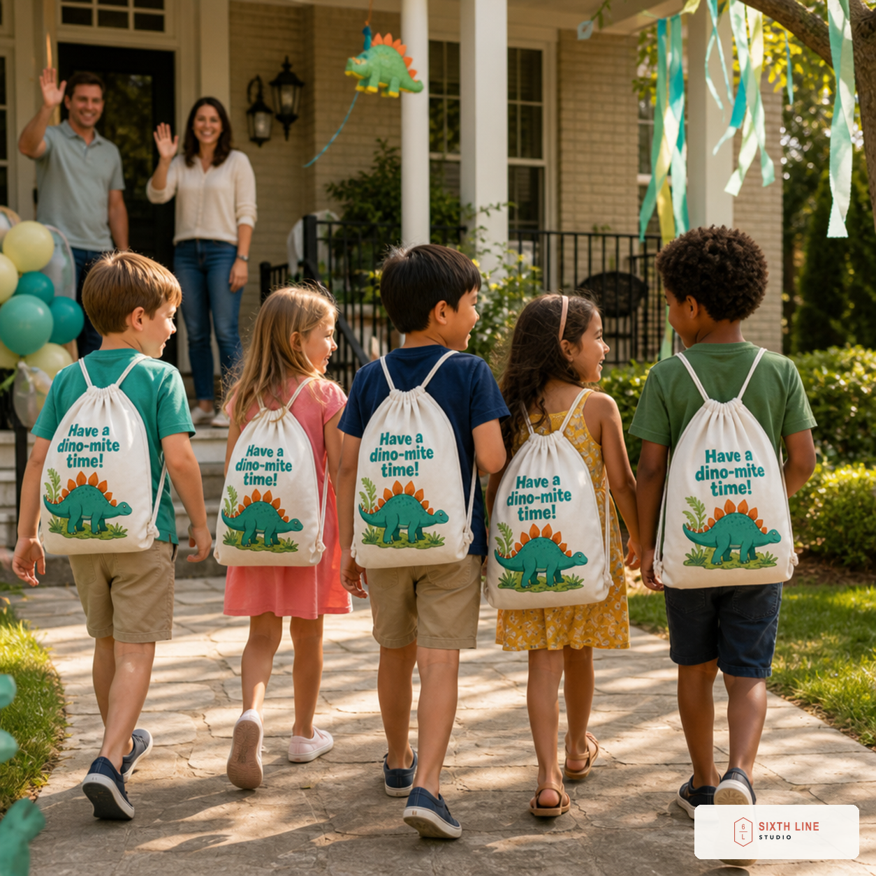Children leaving a birthday party wearing matching printed going-home packs