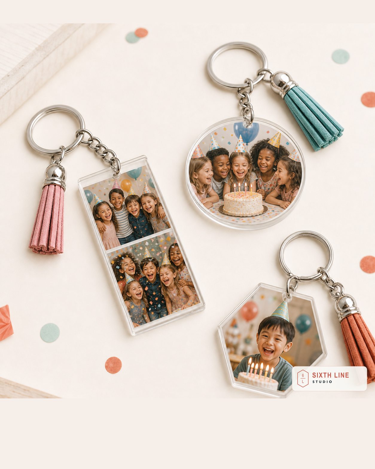 Rectangle, round and hexagon birthday photo keychains with group party photos and colourful tassels