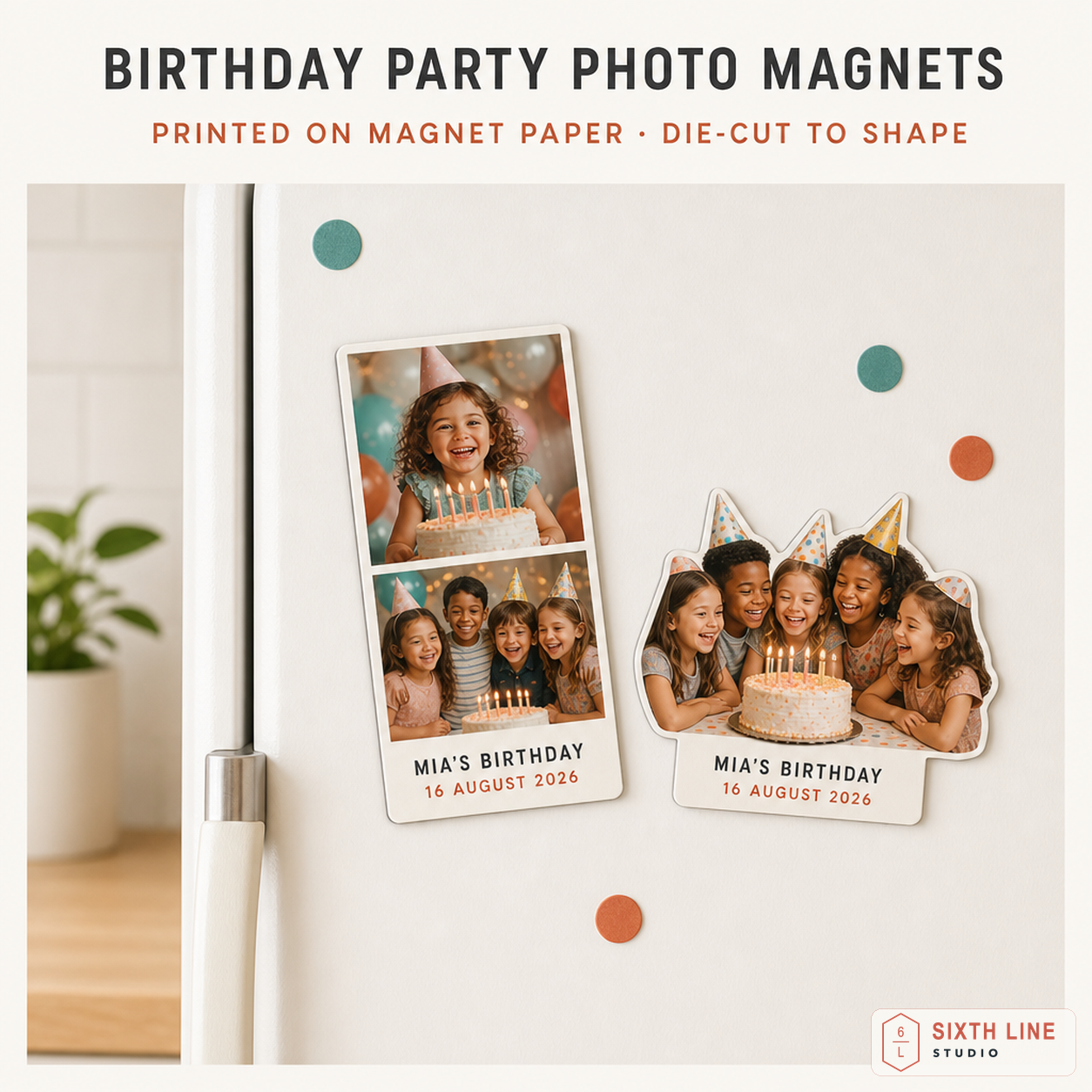 Two birthday photo magnets on a refrigerator: a vertical two-photo rectangle and a die-cut group