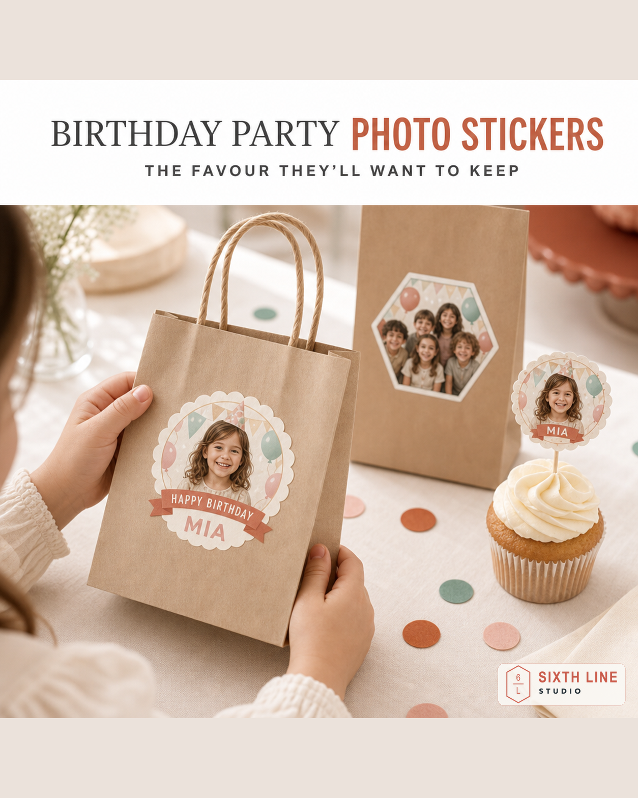 Birthday photo stickers on a treat bag