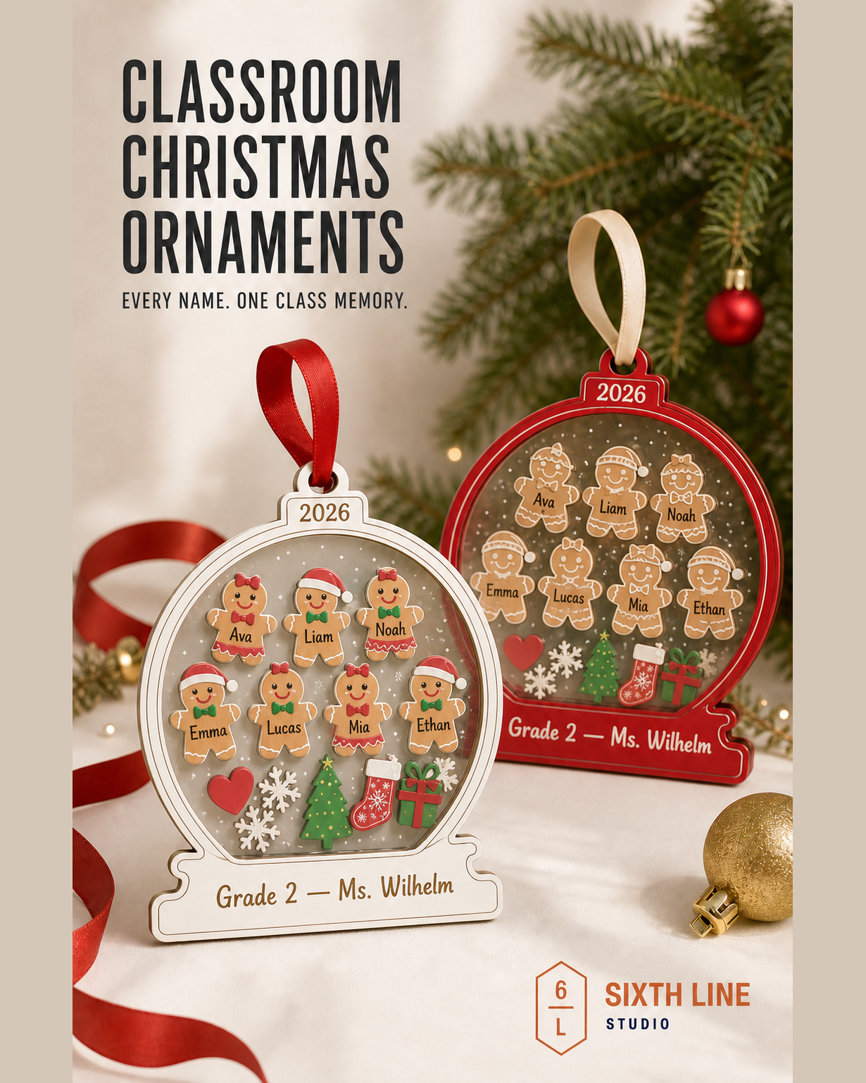 White and red classroom Christmas ornaments with named gingerbread figures