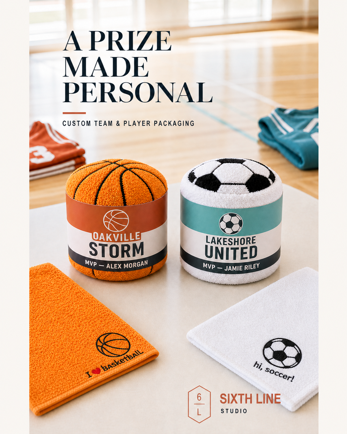 Custom basketball and soccer prize towels with team name, award and player name packaging