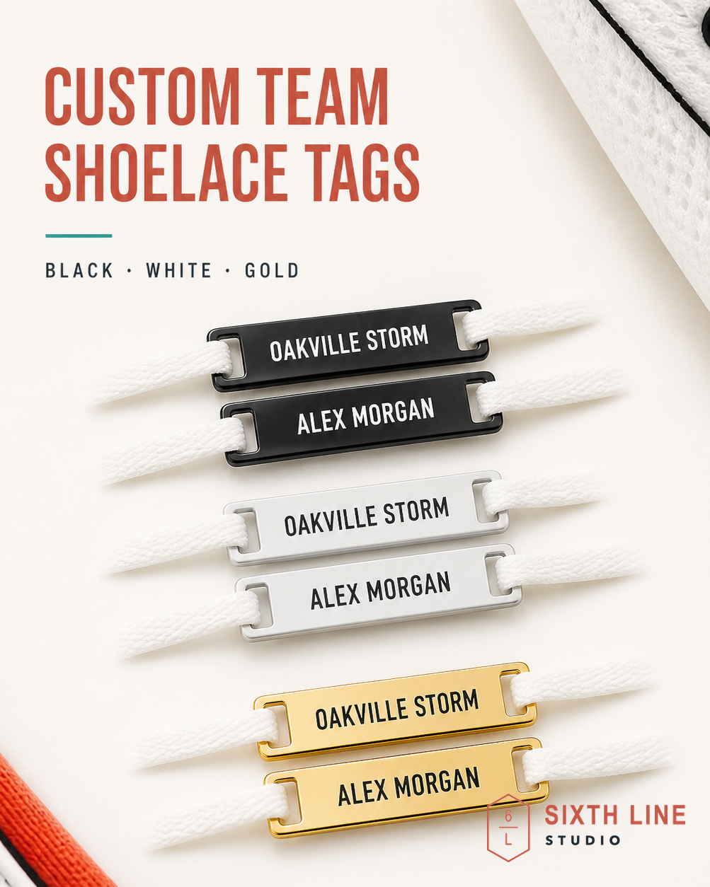 Black, white and gold custom shoelace tags engraved with Oakville Storm and Alex Morgan