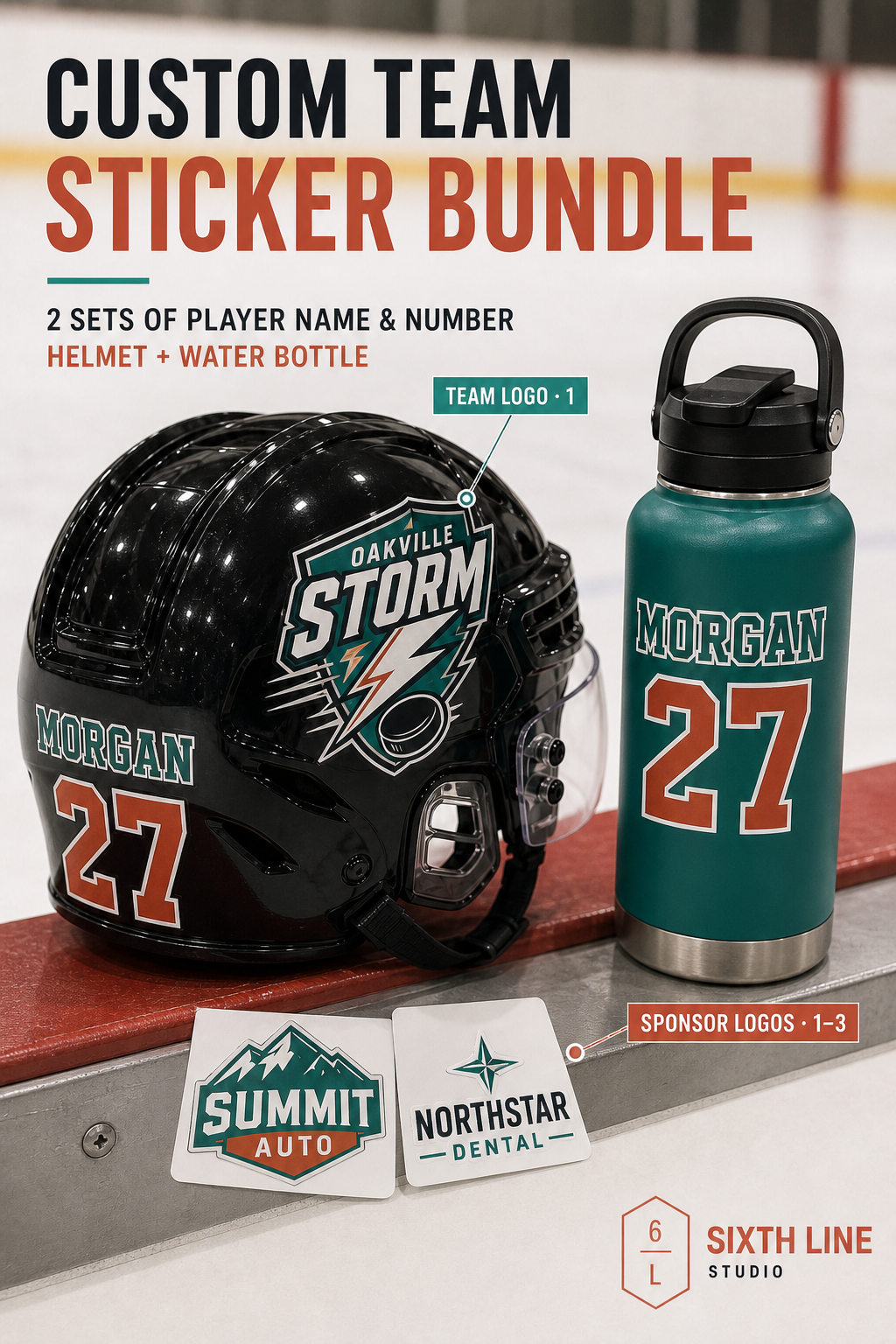 Custom waterproof team stickers on a hockey helmet and water bottle
