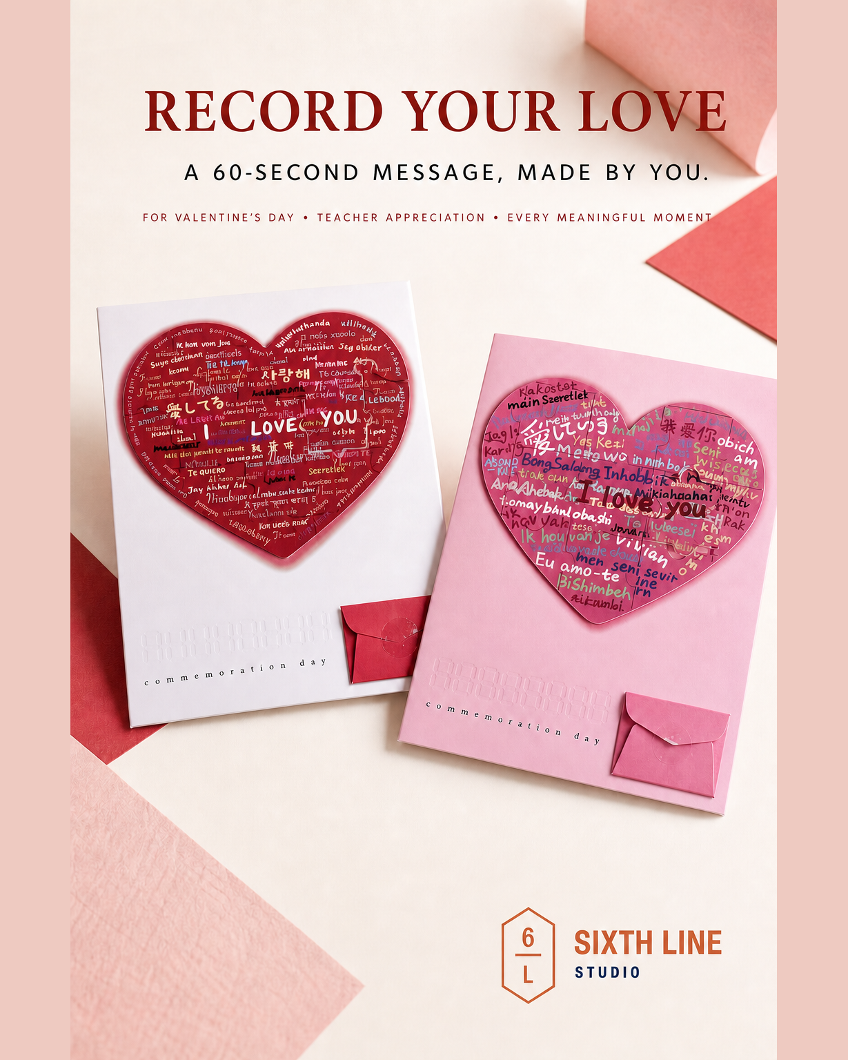 White and pink love theme recording cards with a multilingual heart puzzle