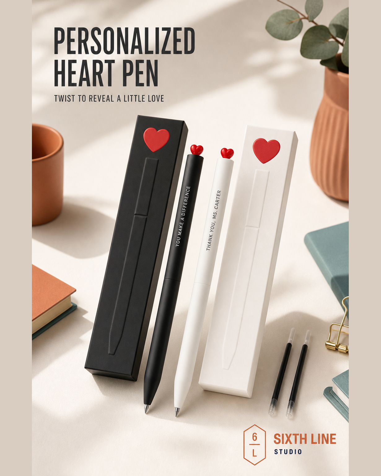 Black and white personalized heart pens with matching gift boxes