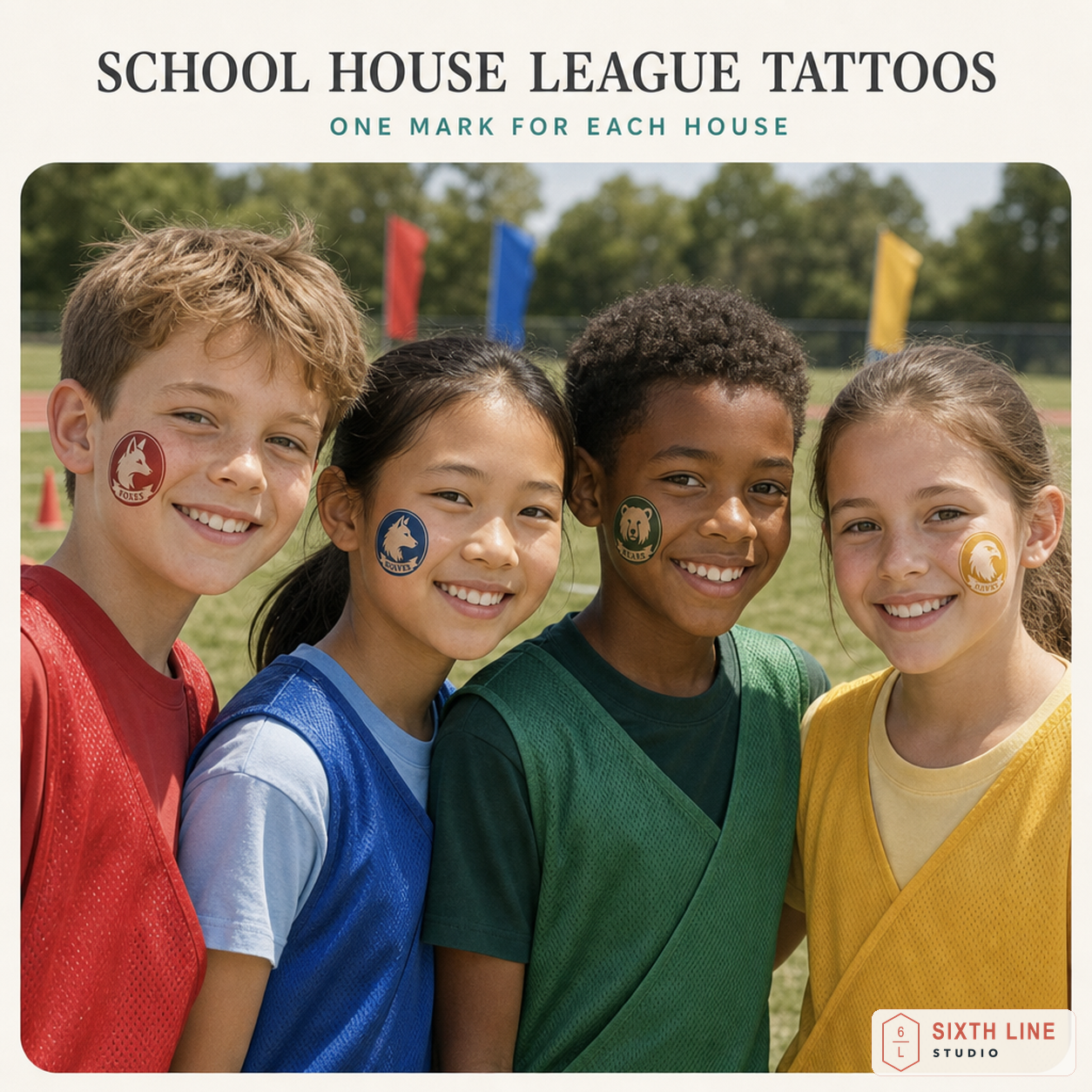 Four students at school olympics wearing matching house league temporary tattoos
