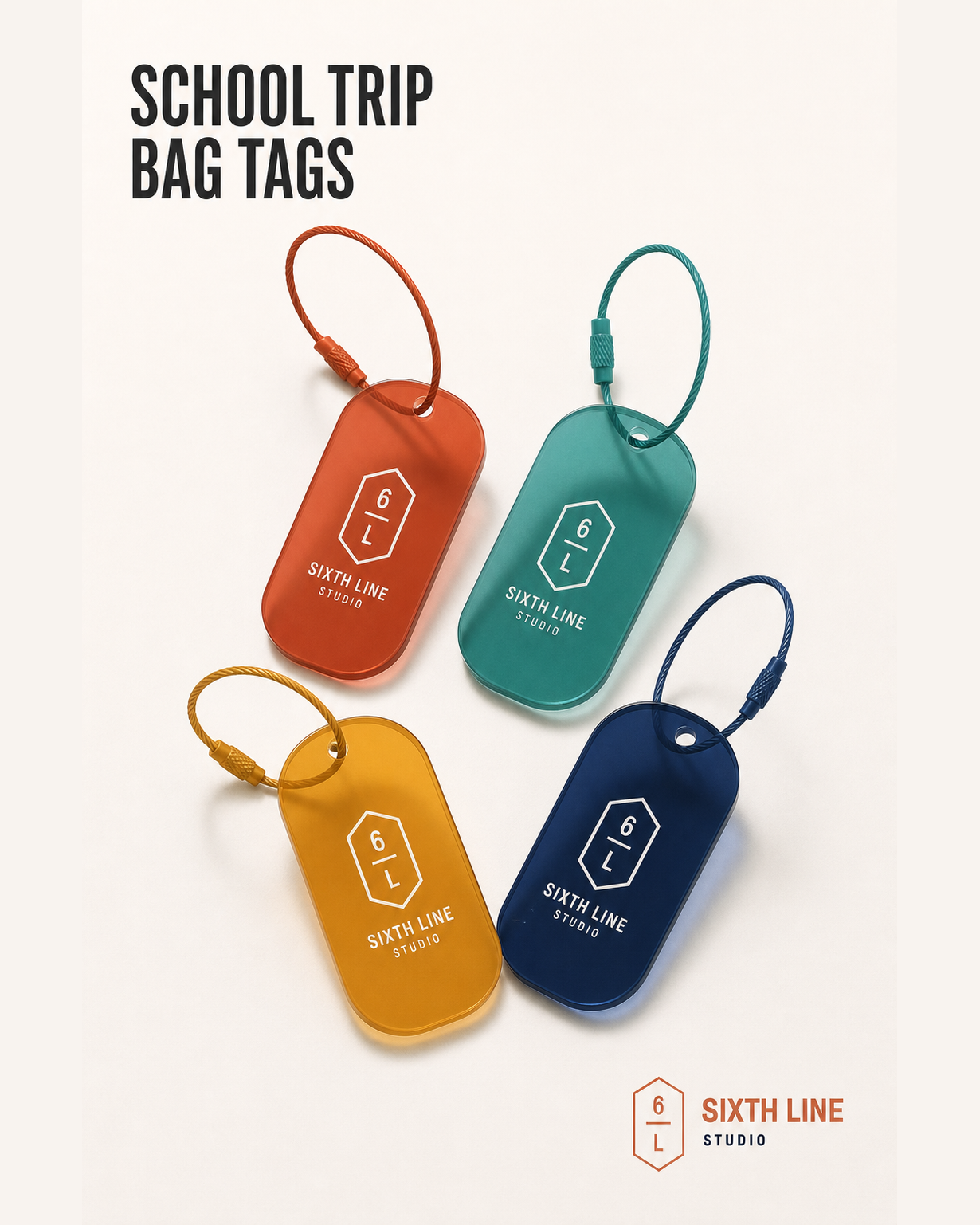 Translucent orange, teal, yellow and navy school trip bag tags with locking cables