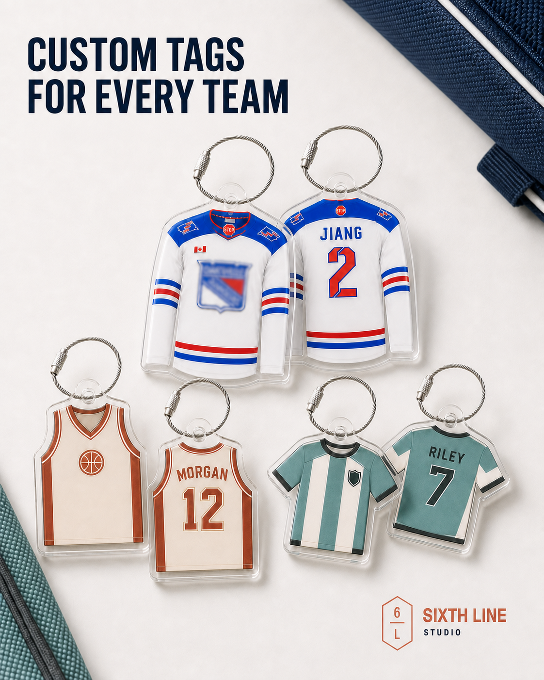 Custom jersey-style bag tags for any sport, with player names and numbers